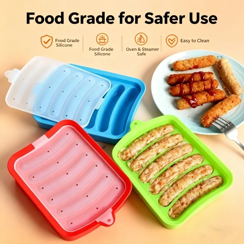 Hot Dog Press - แม่พิมพ์ไส้กรอกซิลิโคนเกรดอาหาร พร้อมฝาปิด ทนความร้อน ทำความสะอาดง่าย สำหรับทำอาหารเสริมเด็ก ทำไส้กรอก