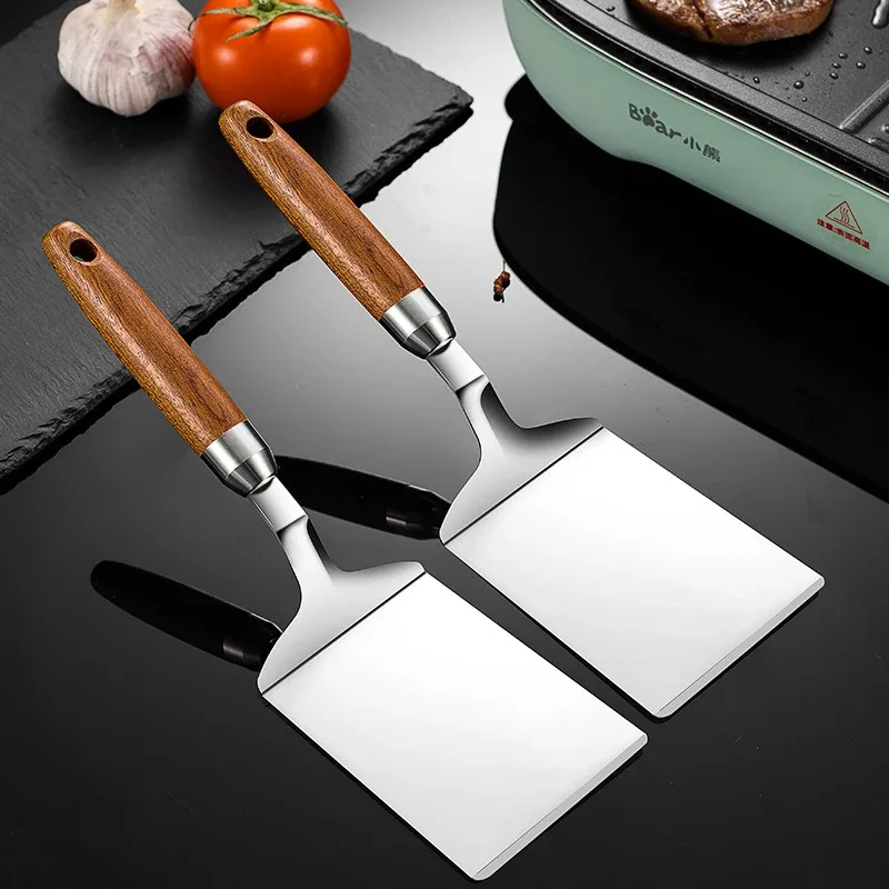 Okonomiyaki Spatula - สแตนเลสสตีลสแควร์หัวสเต็กทําอาหารไม้พายพิซซ่าพลั่วแพนเค้กเนื้อ Turner Scraper ไม้ Handle BBQ