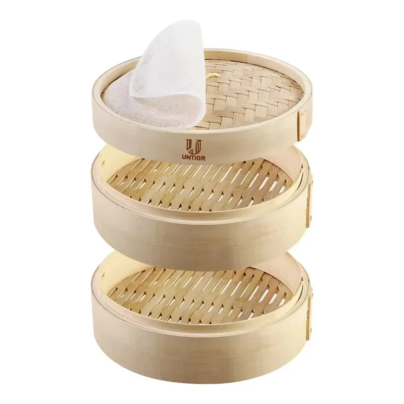 Bao Steamer Bamboo - 10 นิ้วไม้ไผ่อาหาร Steamer พร้อมฝาปิด - ไม้ไผ่ธรรมชาติ