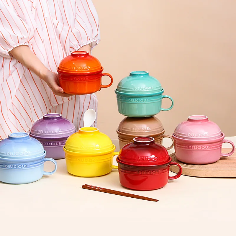 Dim Sum Basket - ถ้วยบะหมี่กึ่งสำเร็จรูปสีรุ้งพร้อมฝาและช้อนตะเกียว ใช้กับไมโครเวฟ สำหรับทำราเม็งญี่ปุ่น ถ้วยโอ๊ตมีลขนาดใหญ่