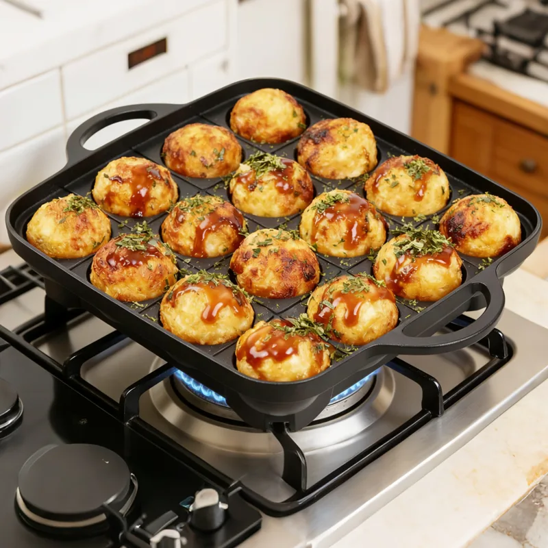 Takoyaki Grill Plate - กระทะทำทาโกะยากิ 16 หลุม เครื่องทำลูกปลาหมึกสำหรับเตาแก๊ส อาหารสตรีทฟู้ดแท้จากโอซาก้า เครื่องทำทาโกะยากิสำหรับอบ