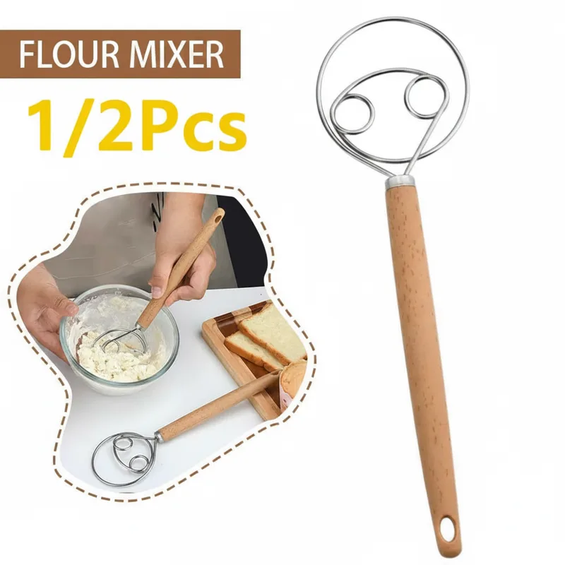 Danish Pancake Pan - เครื่องมือทำเค้ก ที่ตีแป้งเดนมาร์ก สแตนเลส ที่ตีแป้งขนมปังดัตช์ เครื่องผสมแป้งแบบมือ ด้ามไม้