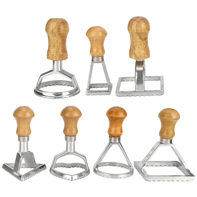 Dumpling Press Set - Pembuat pangsit เครื่องกดขนมชุดแม่พิมพ์เกี๊ยว-ที่ตัดคุกกี้อลูมิเนียม7ชิ้นพร้อมด้ามไม้เพื่อความสนุกในการอบแบบ DIY