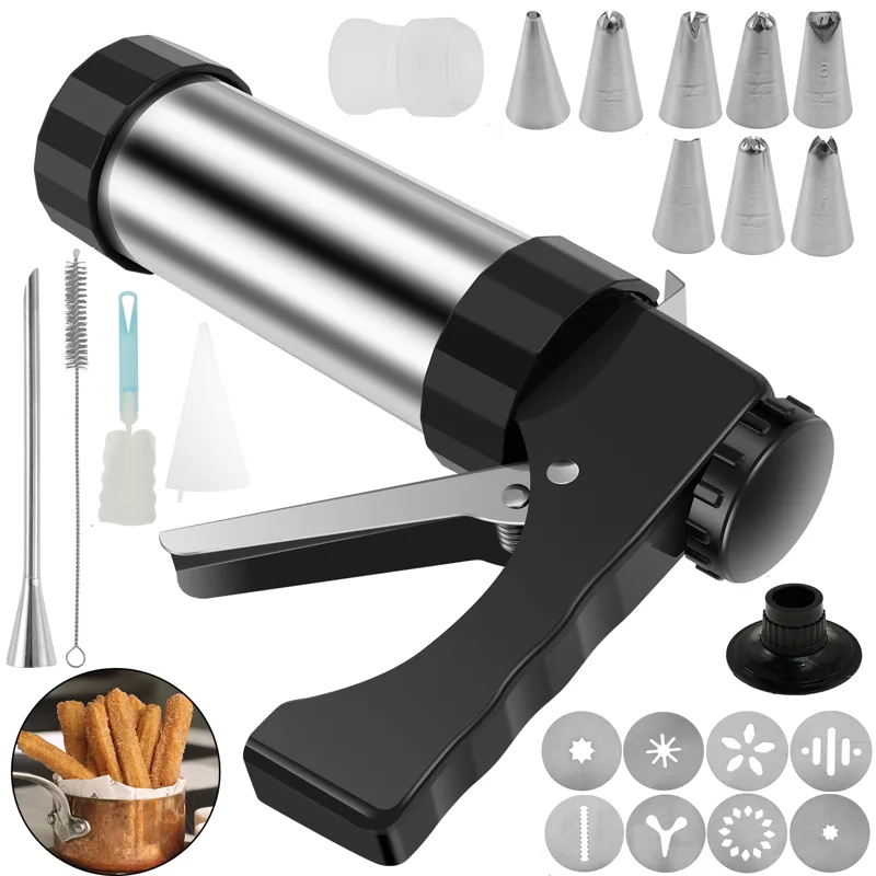 Churros Maker Gun - เครื่องทำชูโร DIY และชุดเครื่องกดคุกกี้ สแตนเลส พร้อมชุดหัวบีบครีมตกแต่งเค้ก