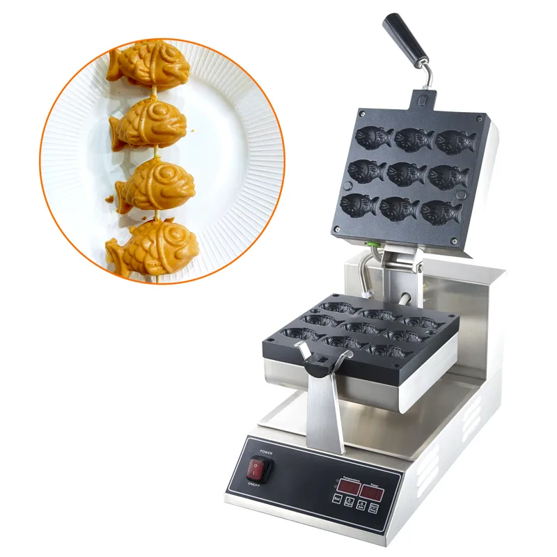 Waffle Cone Maker - เครื่องทำวาฟเฟิลรูปปลาแบบหมุนอัตโนมัติ สเตนเลสสตีล ขนาดเล็ก สำหรับทำวาฟเฟิล 9 ชิ้น
