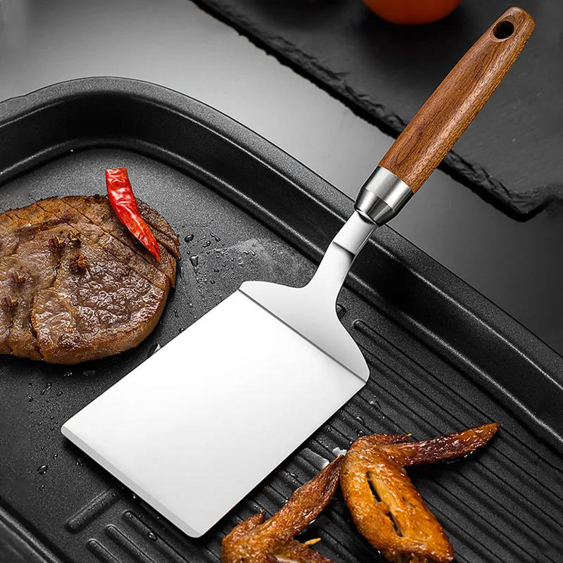 Okonomiyaki Spatula - 304 สแตนเลสสตีลไม้พายสเต็ก Non-Stick แพนเค้กบาร์บีคิวแหนบไม้ Handle ทอดปลาไม้พายสนิมครัวเครื่องมือ