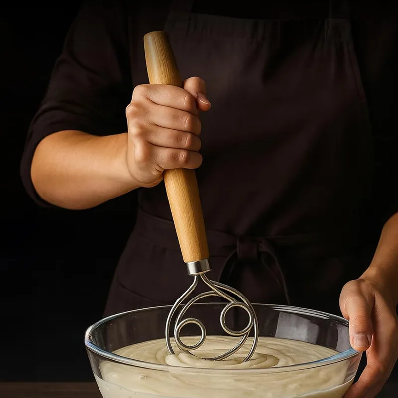 Danish Pancake Pan - ตะกร้อมือทำแป้งสแตนเลส 304 พร้อมด้ามไม้เรียบ สำหรับผสมแป้งซาวโดว์และขนมปัง ขนาด 13