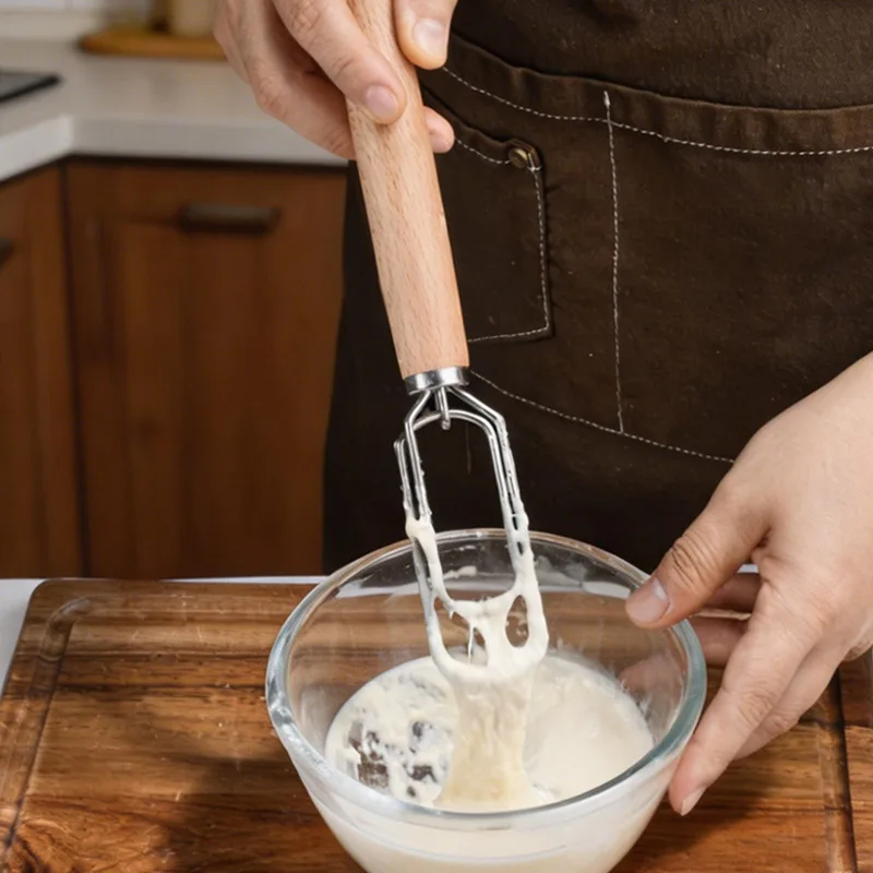 Danish Pancake Pan - ที่ตีแป้งเดนมาร์ก สแตนเลสสตีล ที่ตีแป้งขนมปังดัตช์ ด้ามไม้ อุปกรณ์ทำขนมในครัว เครื่องผสมแป้งแบบมืออาชีพ