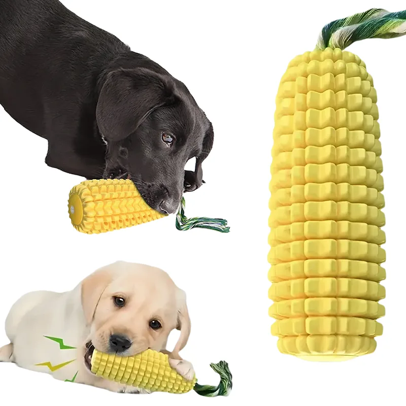 Corn Dog Stick - ของเล่นสัตว์เลี้ยงแบบมีเสียงดัง ของเล่นเคี้ยวทำความสะอาดฟัน TPR รูปข้าวโพด ของเล่นเคี้ยวสำหรับแมว เชือกฝ้าย