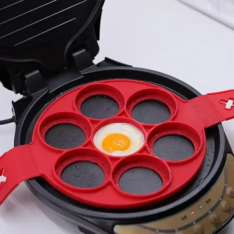 Egg Waffle Pan - ซิลิโคน 7 หลุมกระทะแบบวงกลมอาหารเช้าแพนเค้กแม่พิมพ์ DIY เบเกอรี่เครื่องมือ