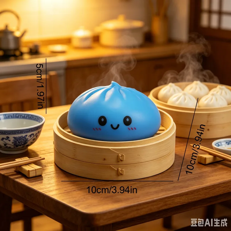 Bao Steamer Bamboo - ของเล่นบีบบ้านการ์ตูนสีฟ้า บ้านนึ่งจำลอง ขนาด 10 ซม. ของเล่นบีบคลายเครียด