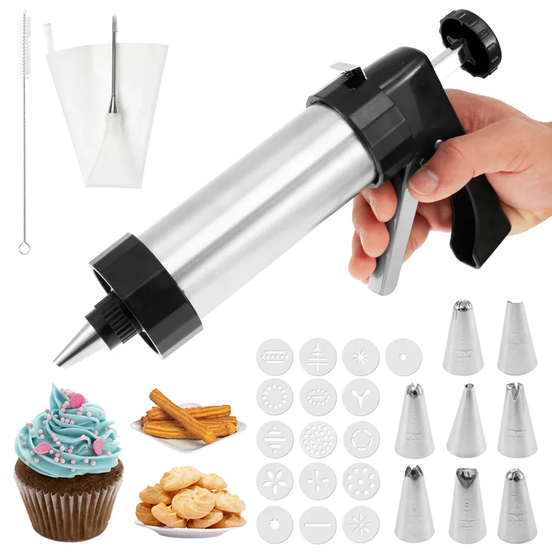Churros Maker Gun - ชุดเครื่องทำชูโรส์สแตนเลส พร้อมอุปกรณ์เติมไส้ ชุดอุปกรณ์ทำขนมสำหรับใช้ในบ้าน แม่พิมพ์ทำขนม ปืนบีบครีม หัวบีบขนมบิสกิตและขนมอบ